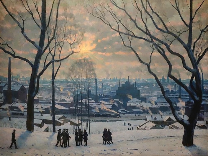 К. Ф. Юон (1875-1958). Утро индустриальной Москвы. 1949 г. Холст, масло. 136 x 185 см. Государственная Третьяковская галерея, Москва.