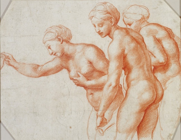 Рафаэль Санти. Эскиз росписи Лоджии Психеи. Три Грации, 1518, 26×20 