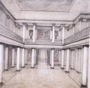 Проект перестройки главного дома, эскиз холла (вариант).Архитектор В.Веснин,1915г. Проект перестройки главного дома, эскиз холла (вариант).Архитектор В.Веснин,1915г.