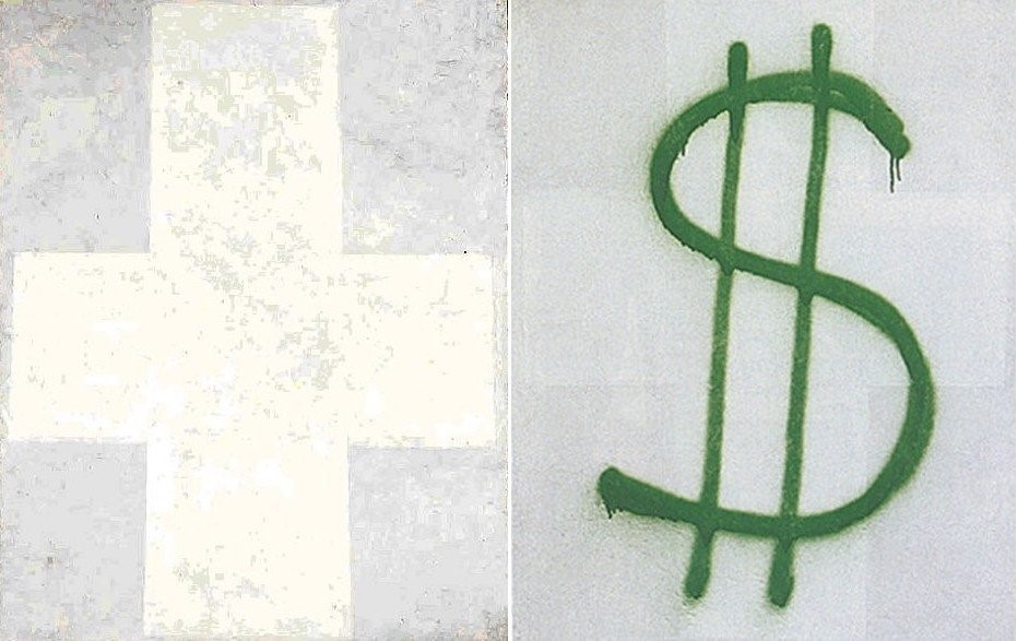 Алекс Бренер в 1997 году осуществил акцию в Стеделийк-музее, в ходе которой изобразил зелёной краской знак доллара на картине «Белый супрематический крест» (1927) Казимира Малевича 